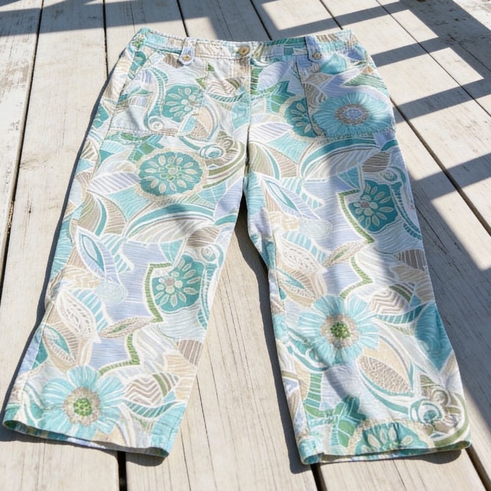 SIGRID OLSEN WOMENS CAPRIS SIZE 6 TURQUOISE & GRAY FLORAL DESIGN